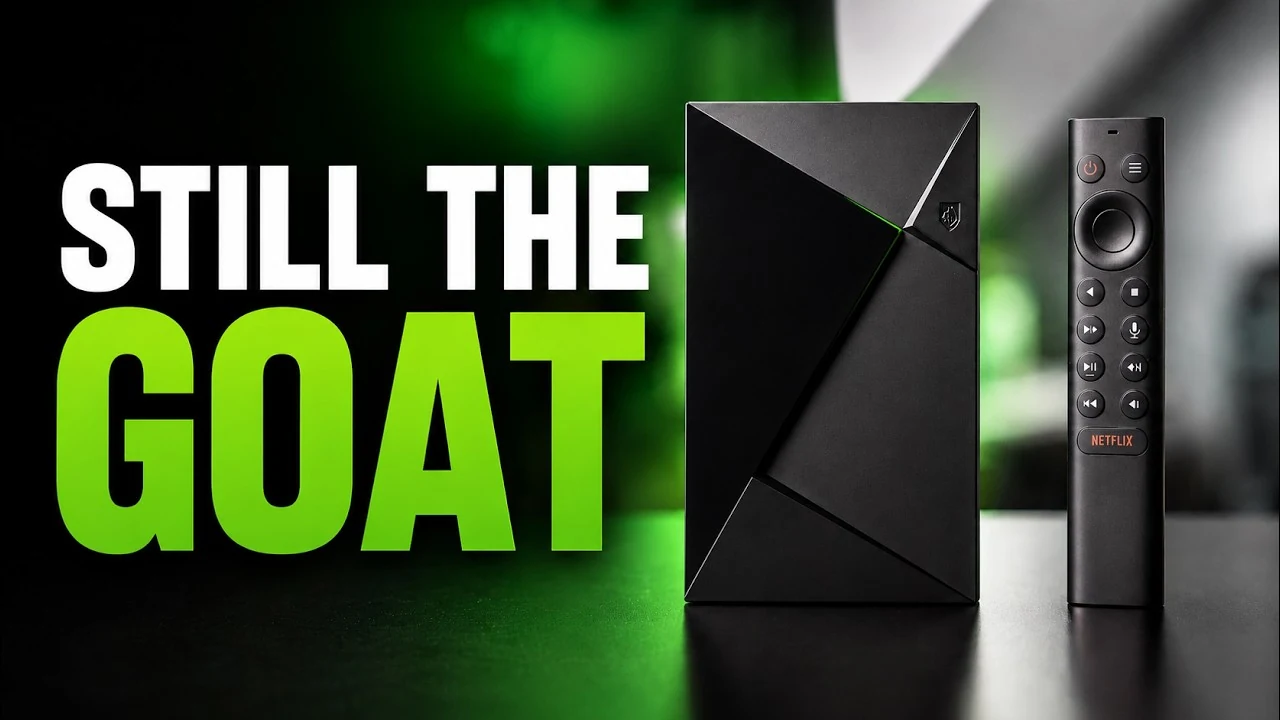 Nvidia Shield TV and remote beside the words Still the GOAT